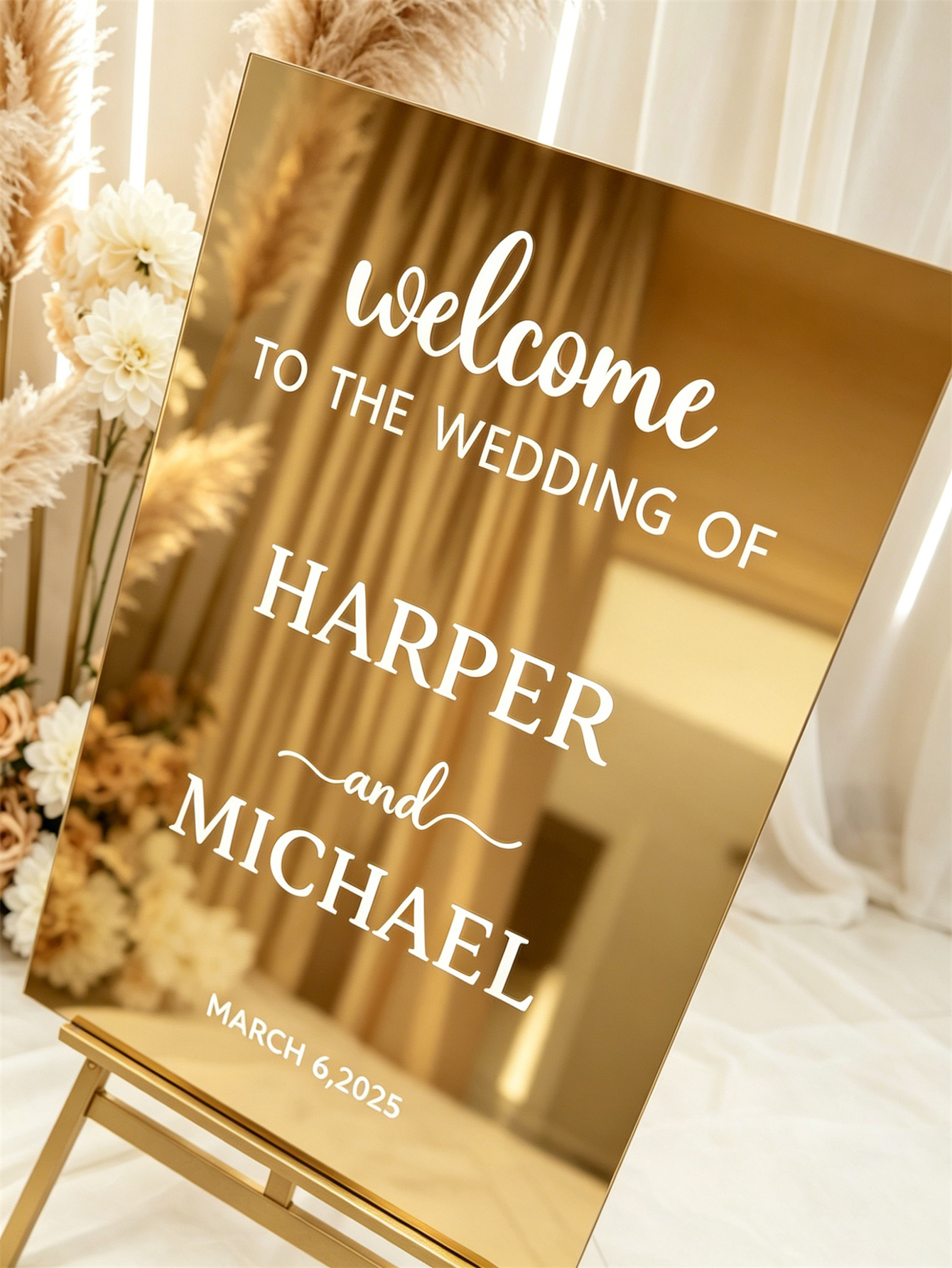 Mirror acrylic welcome signs, golden mirror wedding direction signs, custom wedding direction signs, ceremony welcome signs